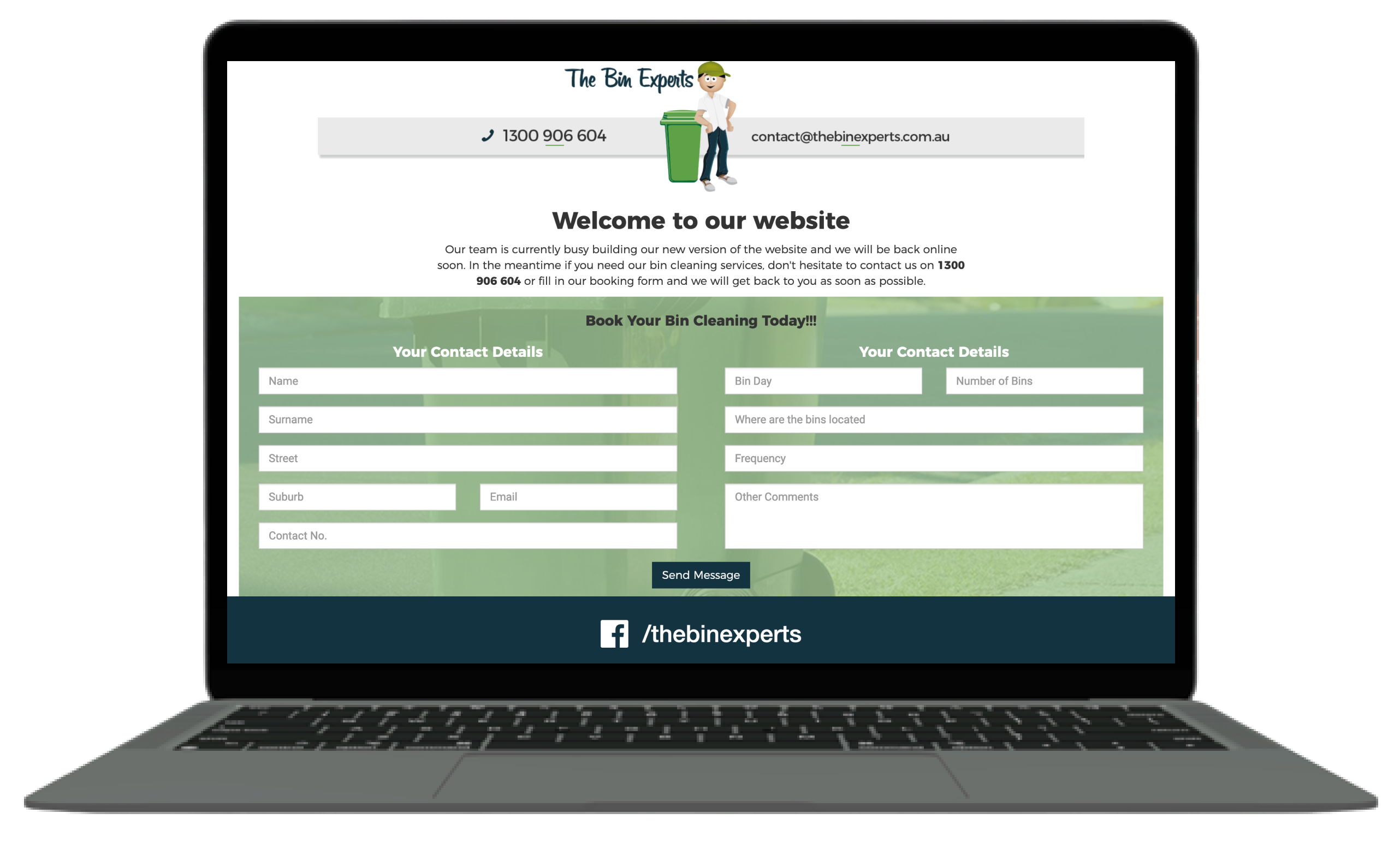 The Bin Experts website on desktop